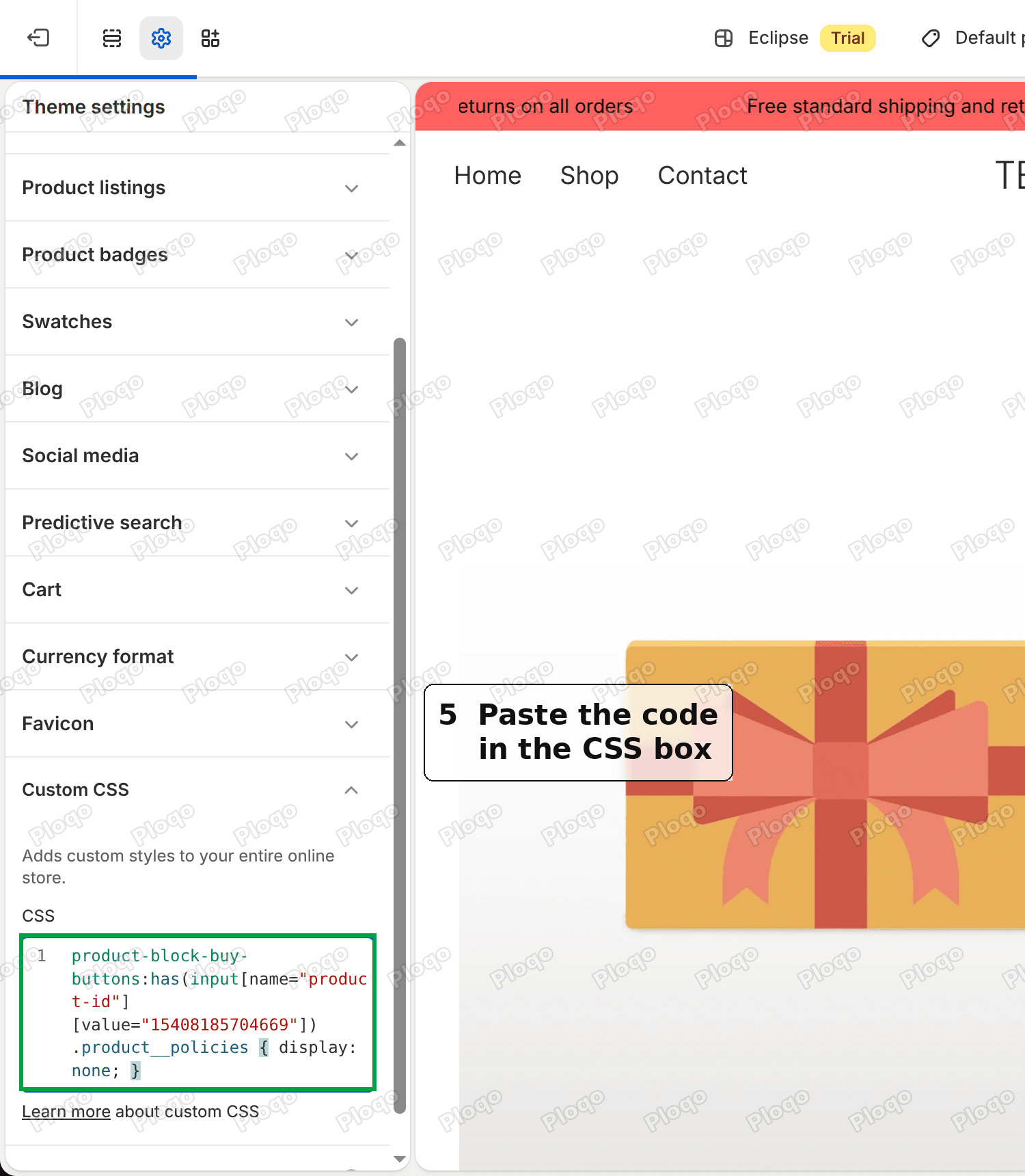 The Custom CSS box in the Eclipse theme settings with the code pasted in