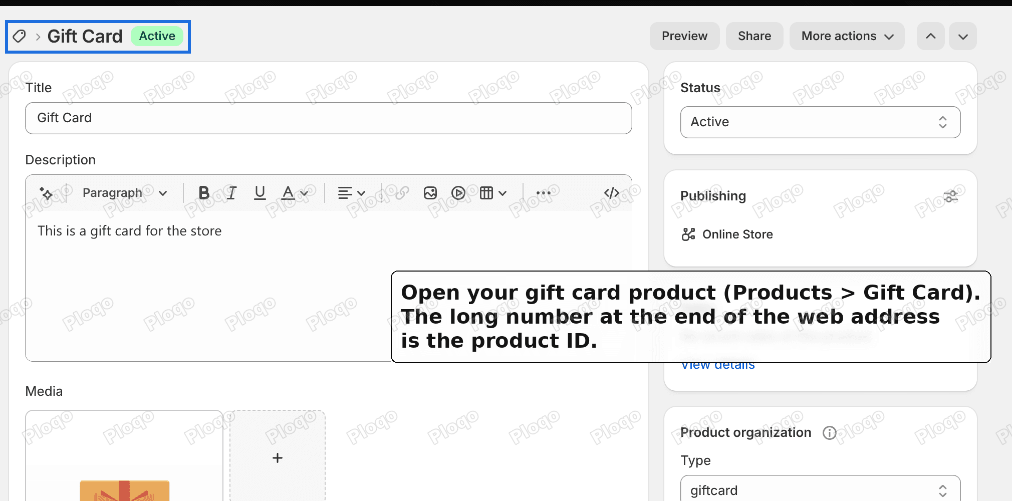 The admin page of a gift card product, with a note that the number at the end of the web address is the product ID