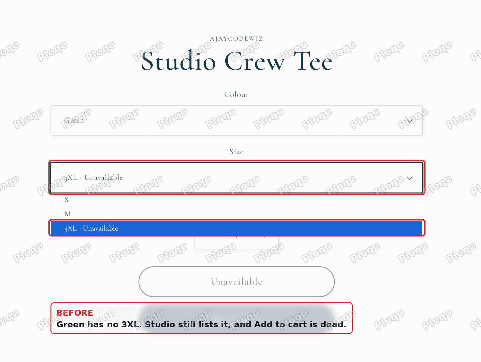 Green has no 3XL, but Studio lists it anyway