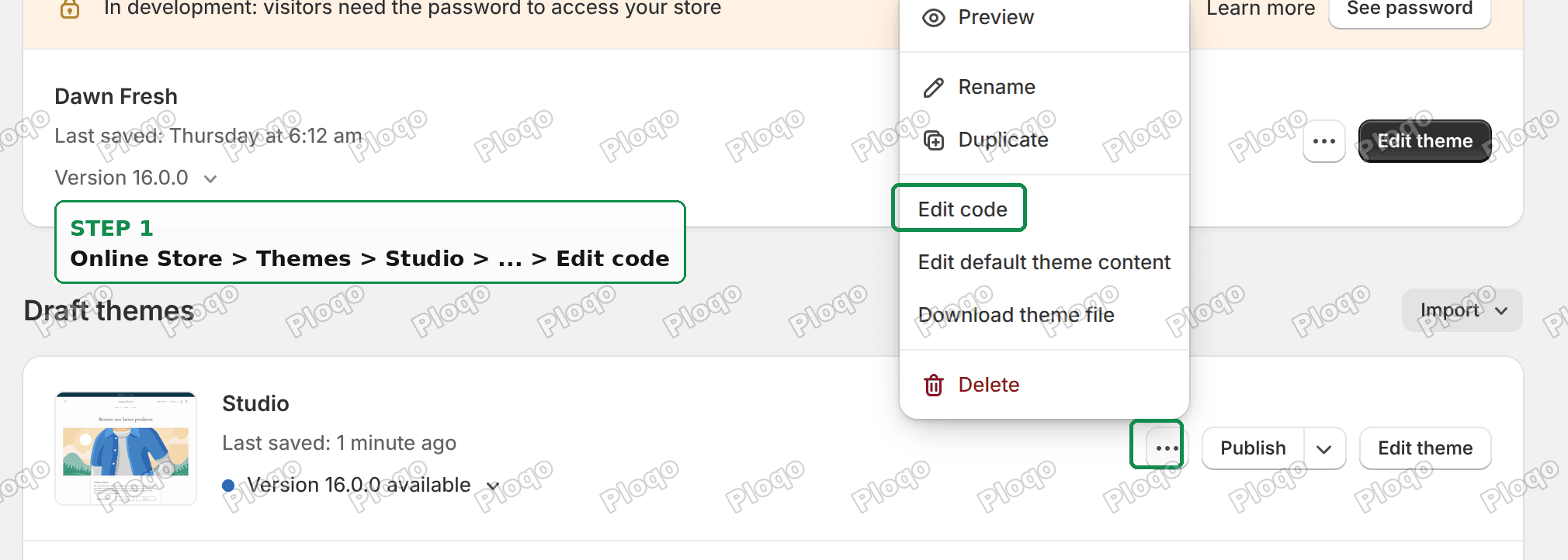 Online Store, Themes, the three dot menu, Edit code
