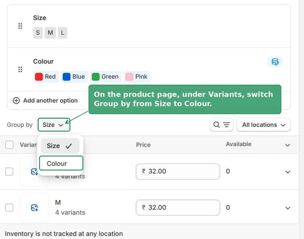 Group by dropdown on the Shopify product page switched from Size to Colour
