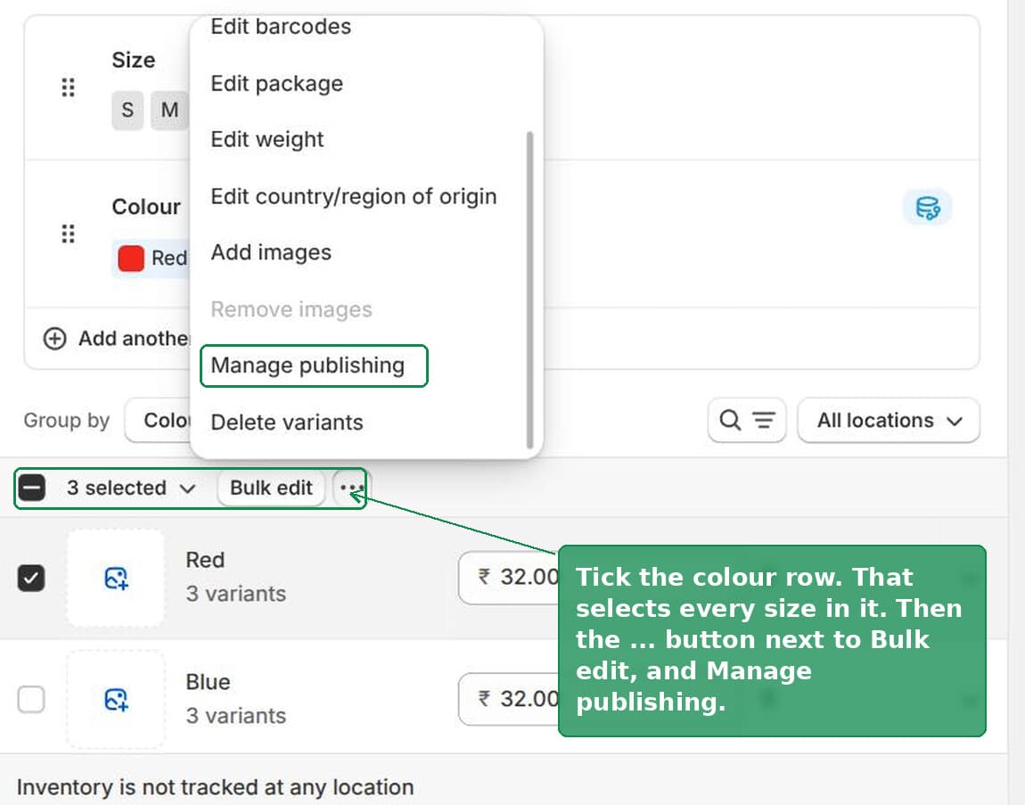 The Manage publishing option in the Shopify variant actions menu