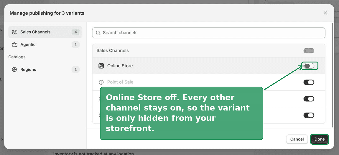 Manage publishing dialog with the Online Store toggle switched off