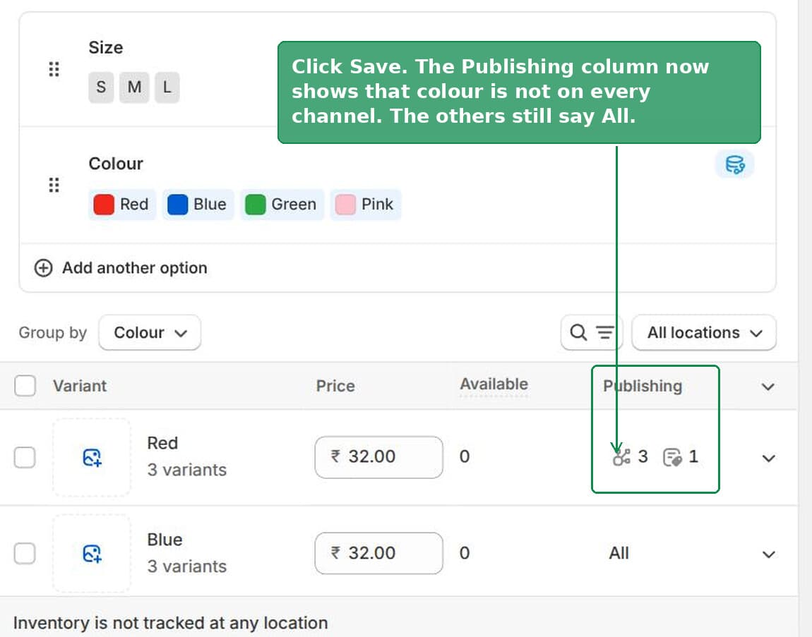 The Publishing column on the Shopify variant table showing one colour excluded