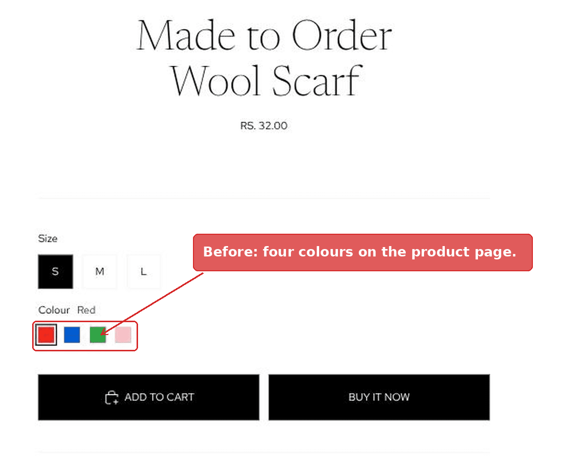 Shopify product page showing four colour swatches before the change