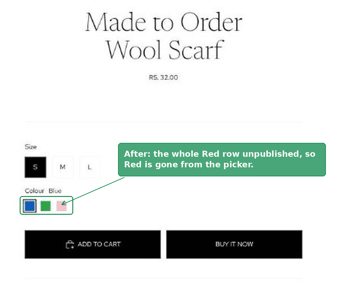 The same Shopify product page with the red swatch completely gone