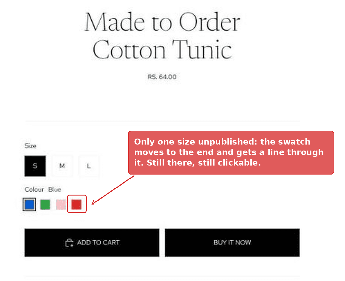 A red swatch struck through because only one size was unpublished