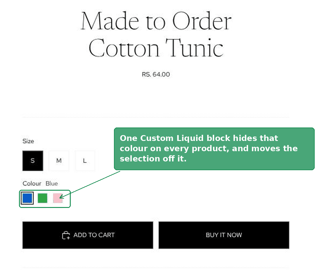 Shopify product page with a colour hidden by the Custom Liquid block