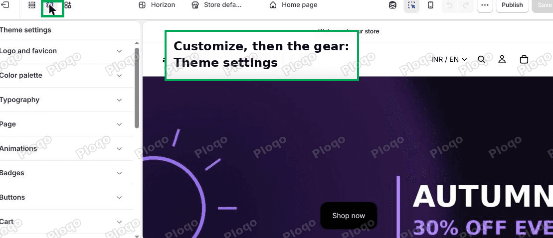 The Theme settings panel in the Horizon theme editor