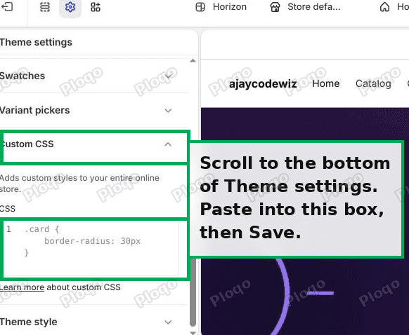 The Custom CSS box at the bottom of Horizon theme settings
