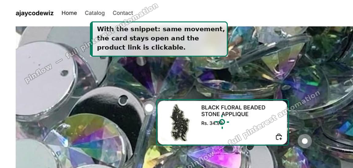 With the snippet the card stays open and the link is clickable