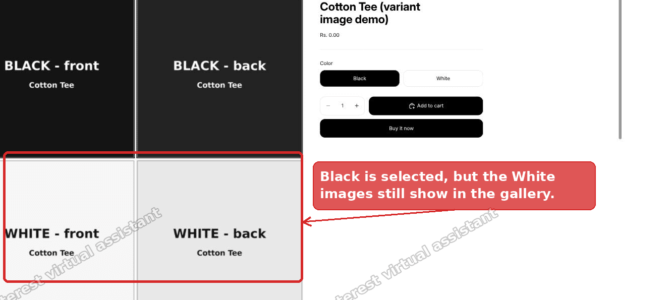 Horizon product gallery with Black selected but White images still showing