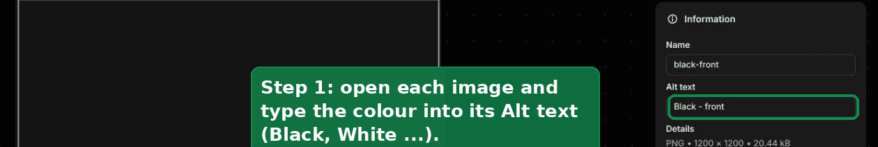 Typing the colour name into each image's Alt text field in Shopify admin