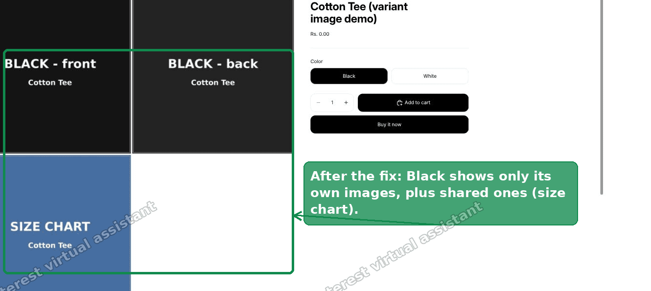 Horizon gallery after the fix, Black selected showing only Black images plus the shared size chart