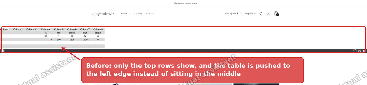 A Shopify iframe collapsed to a thin strip showing only the top rows of an embedded table