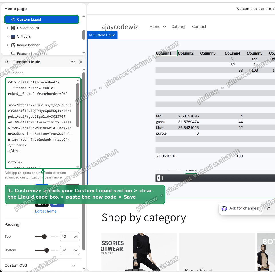 The Custom Liquid section in the Shopify theme editor with the replacement embed code pasted in