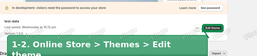 Shopify admin Online Store, Themes page with the Edit theme button marked