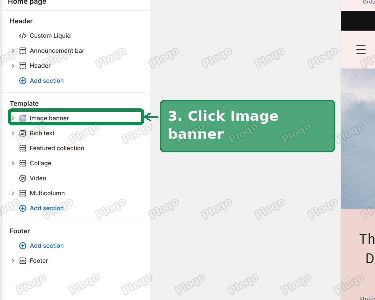 Dawn theme editor sidebar with the Image banner section marked under Template