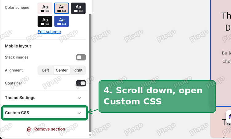 Dawn Image banner settings with the Mobile layout group, the Container toggle and Custom CSS at the bottom
