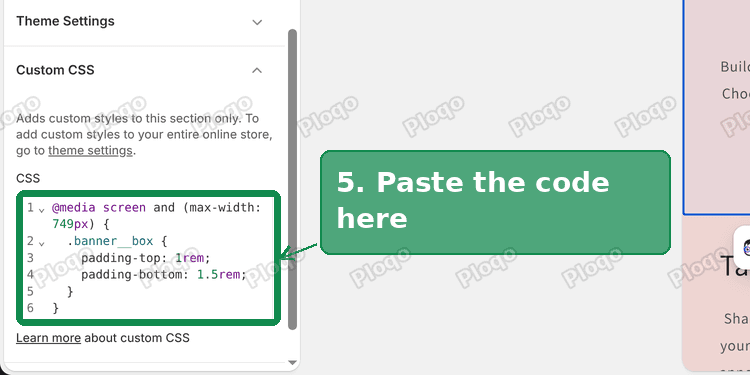 The CSS pasted into the Image banner Custom CSS box in the Dawn theme editor