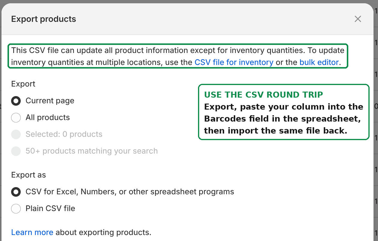 The Shopify product export dialog explaining that the CSV can update product information