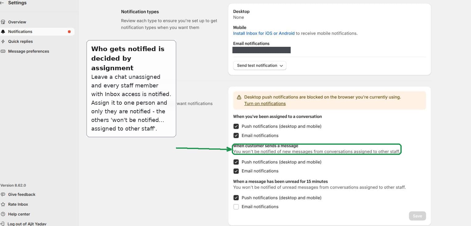 Who gets a Shopify Inbox alert depends on whether the chat is assigned