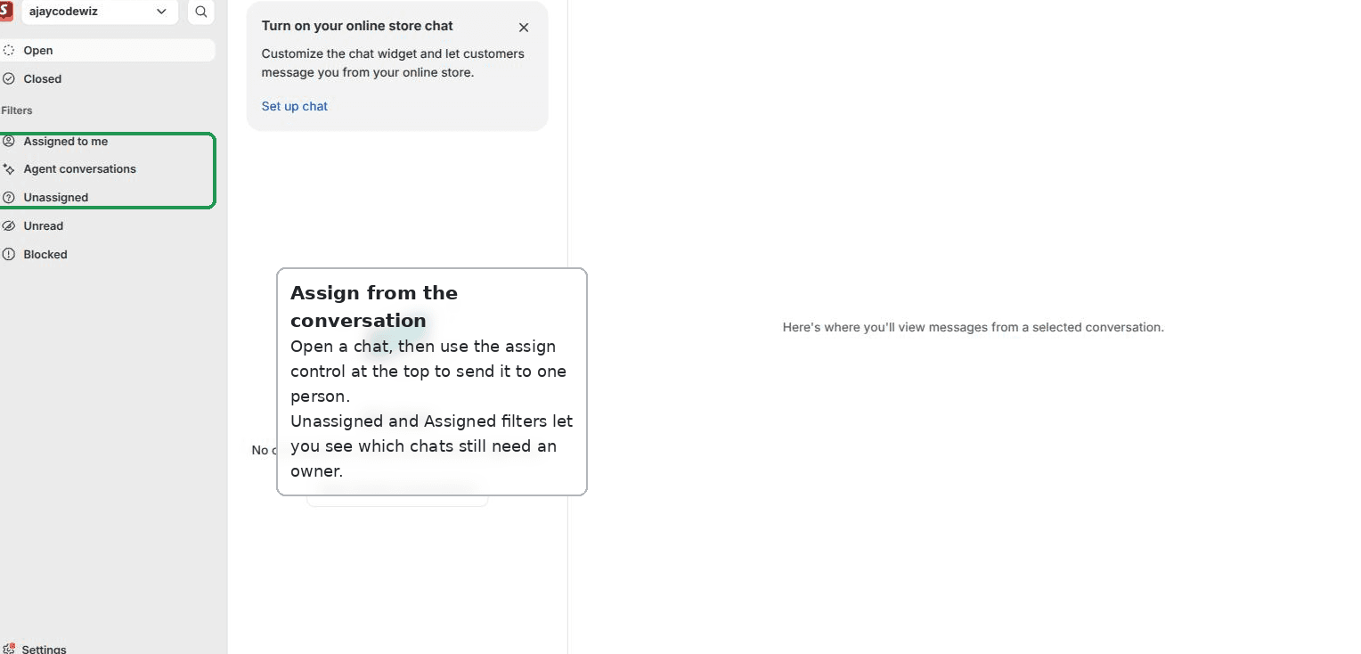 Assign a chat to one person from the Shopify Inbox conversation list