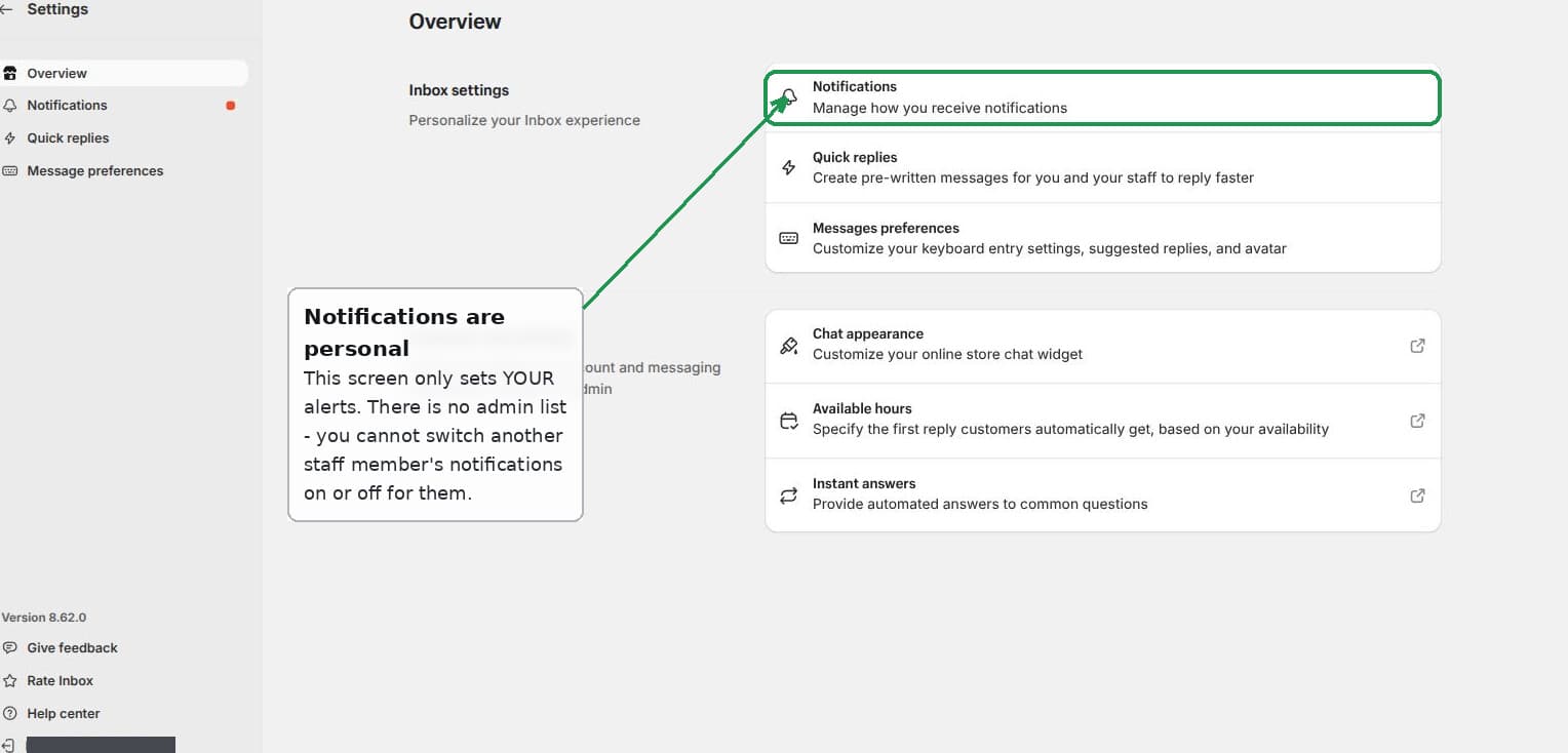 Each Shopify Inbox staff member sets their own notification triggers
