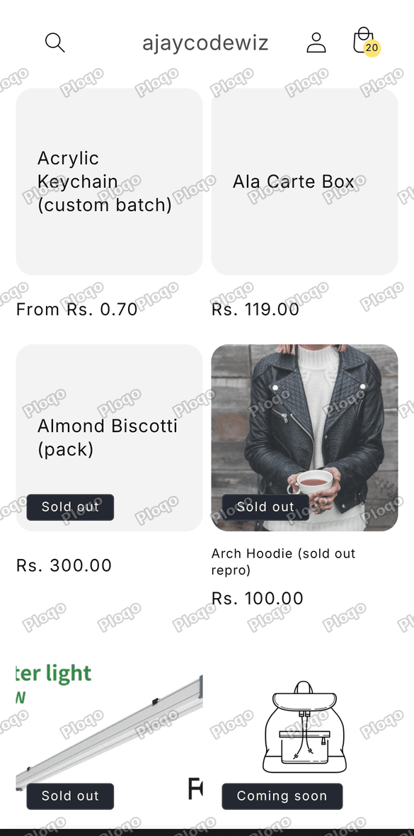 A Shopify home page at phone width showing product cards straight away, with no hero banner above them