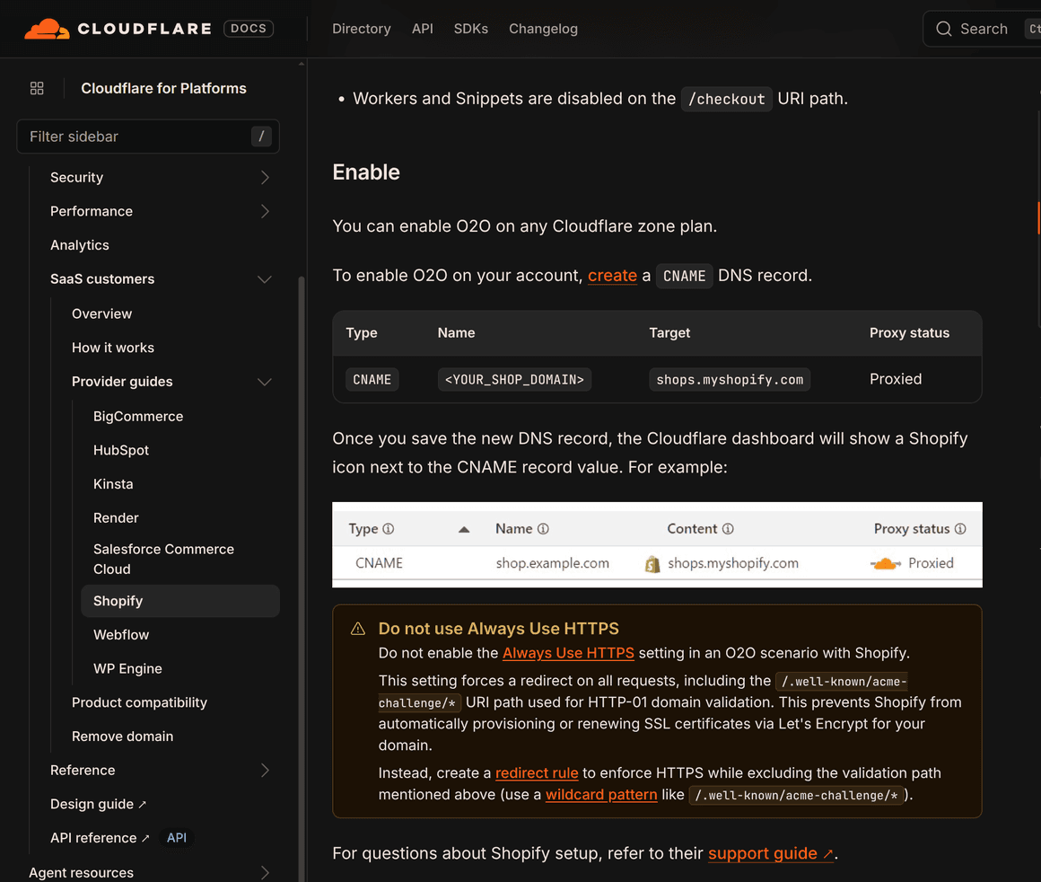 The Cloudflare provider guide for Shopify, showing the proxied CNAME record and the warning about Always Use HTTPS