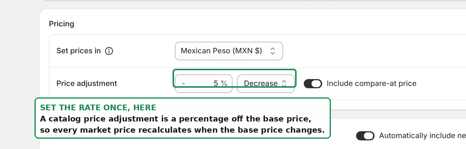 The Shopify market catalog pricing block, with the currency selector and the price adjustment percentage