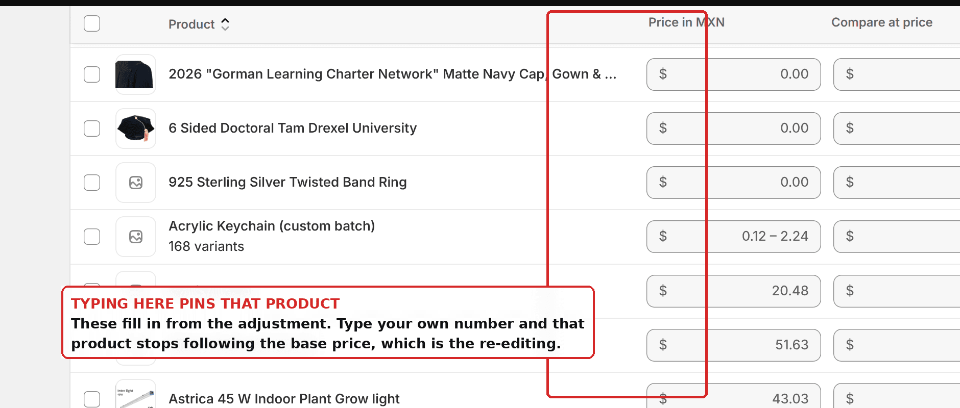 Per product price fields in a Shopify market catalog