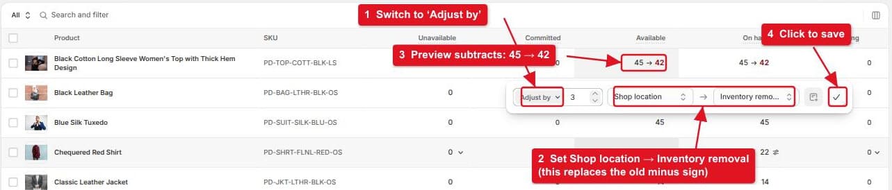 The Adjust by editor with Shop location to Inventory removal, previewing 45 to 42