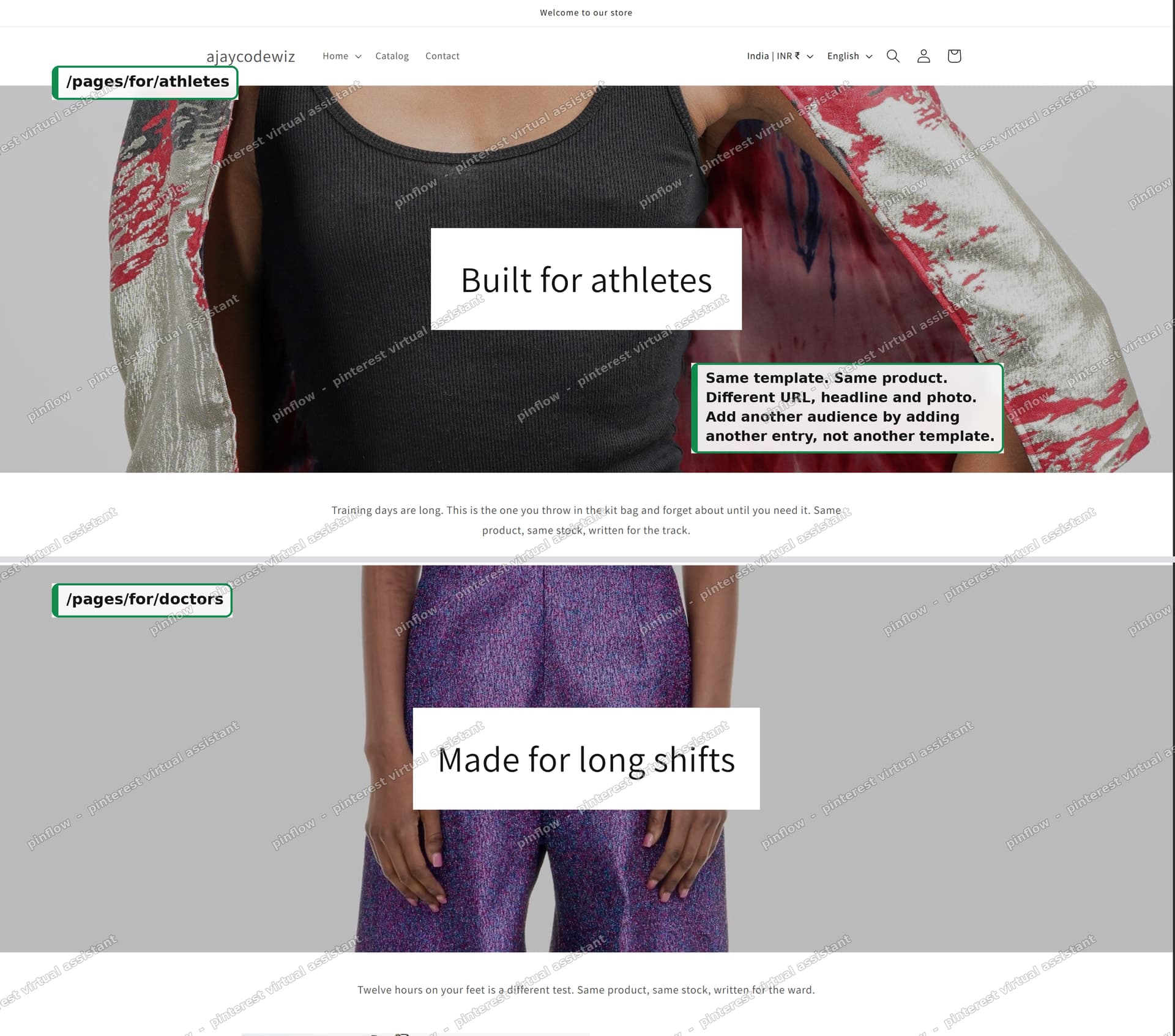 Two landing pages built from one template, one product, different URL, headline and photo