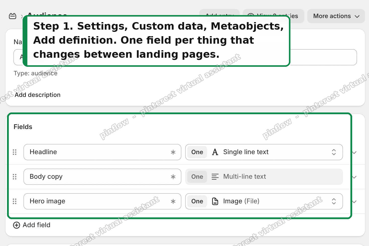Add a metaobject definition with one field per thing that changes