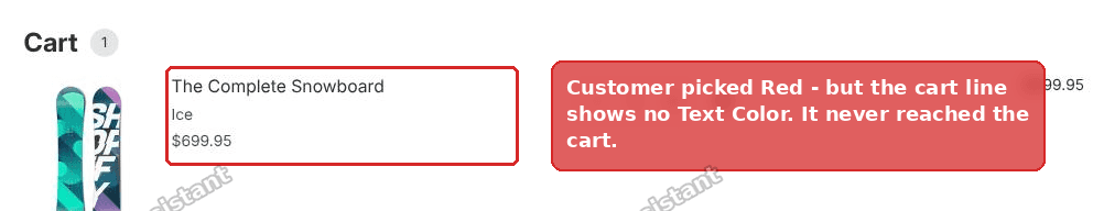 A Shopify cart line with no line item property, even though the customer picked a colour