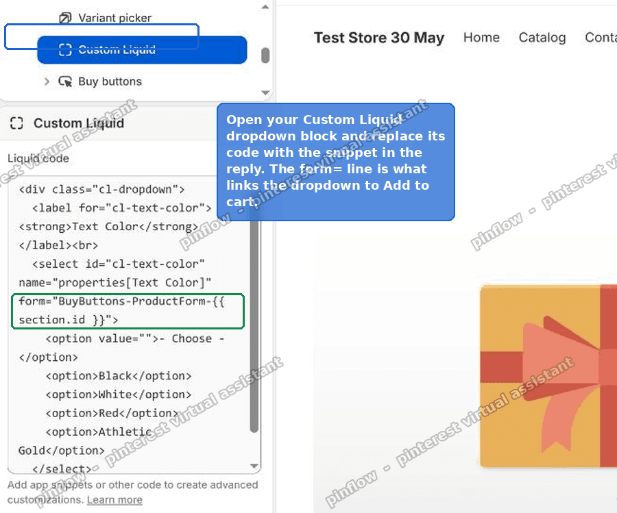 The Custom Liquid block in the Shopify theme editor, with the form attribute that links the dropdown to the cart
