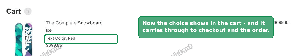 A Shopify cart line now showing the Text Color line item property