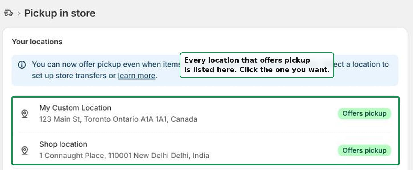 Your locations, each showing whether it offers pickup