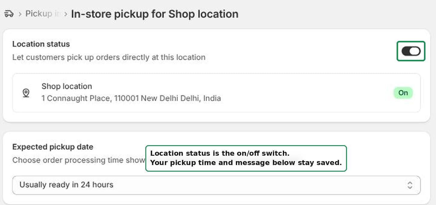 The Location status toggle turns pickup on and off