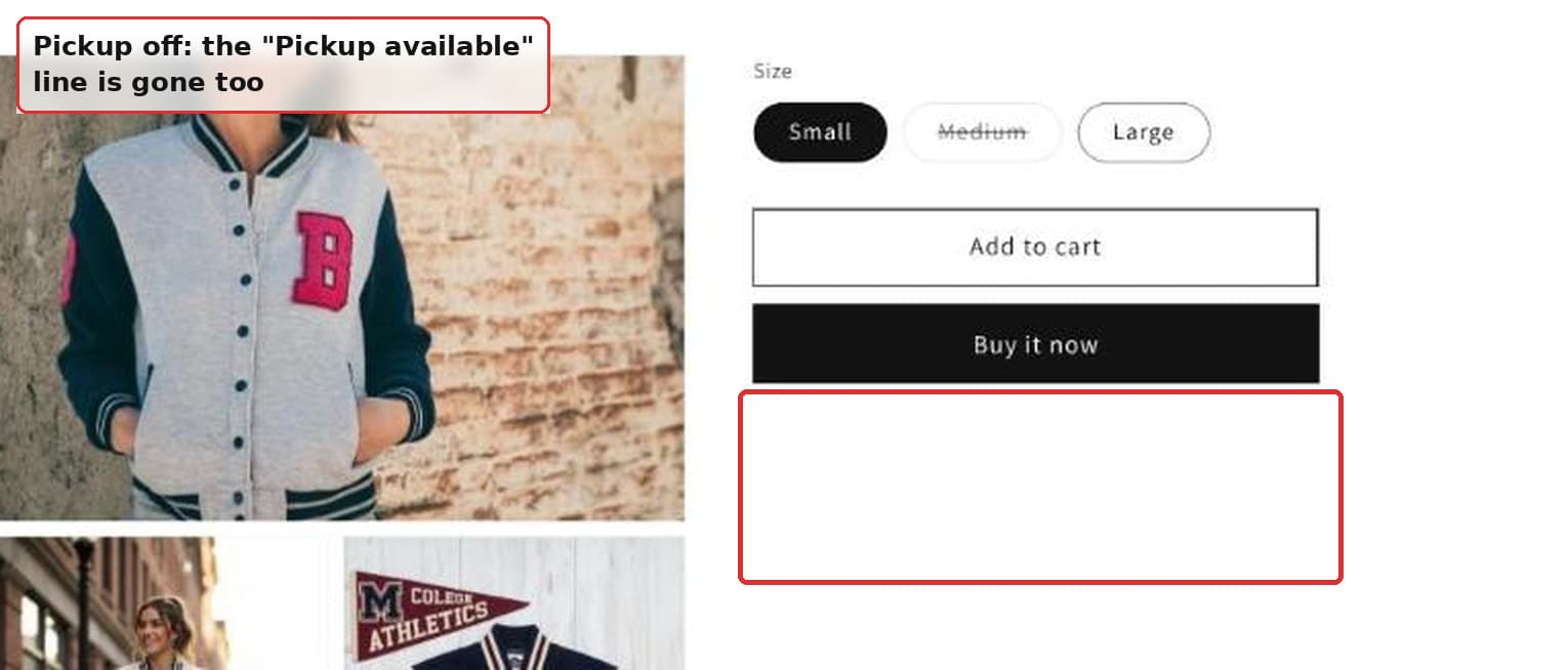 The same product page with local pickup switched off