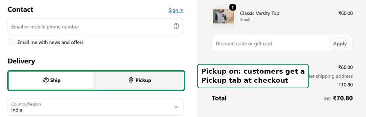 Checkout showing the Ship and Pickup tabs
