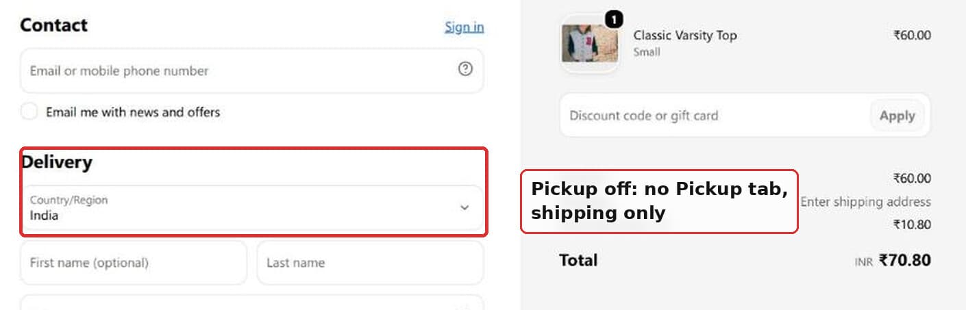 The same checkout with the Pickup tab gone