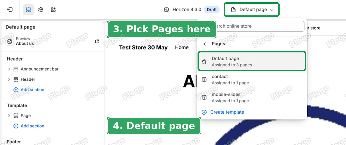 The page picker at the top of the theme editor, open on Pages, with Default page highlighted