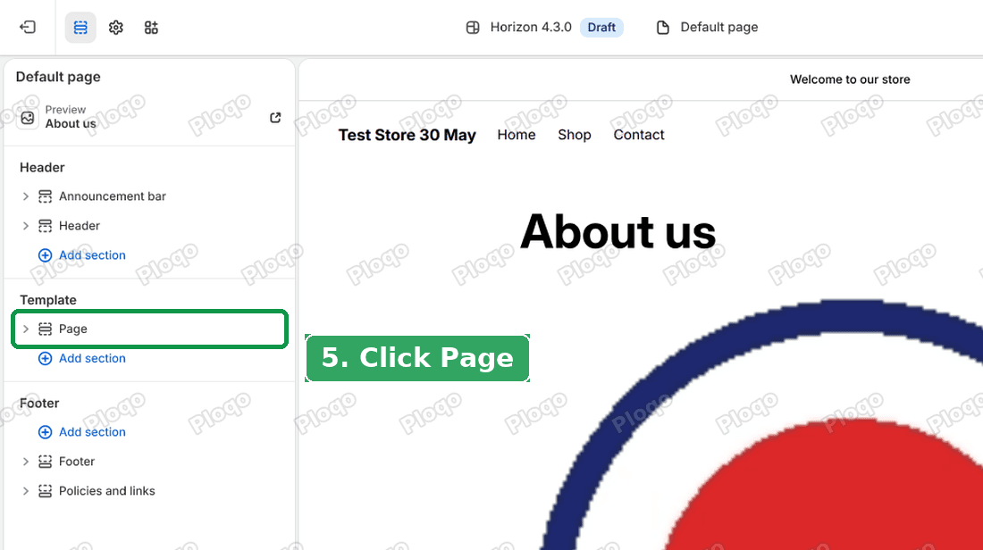 The Page section under Template in the theme editor sidebar