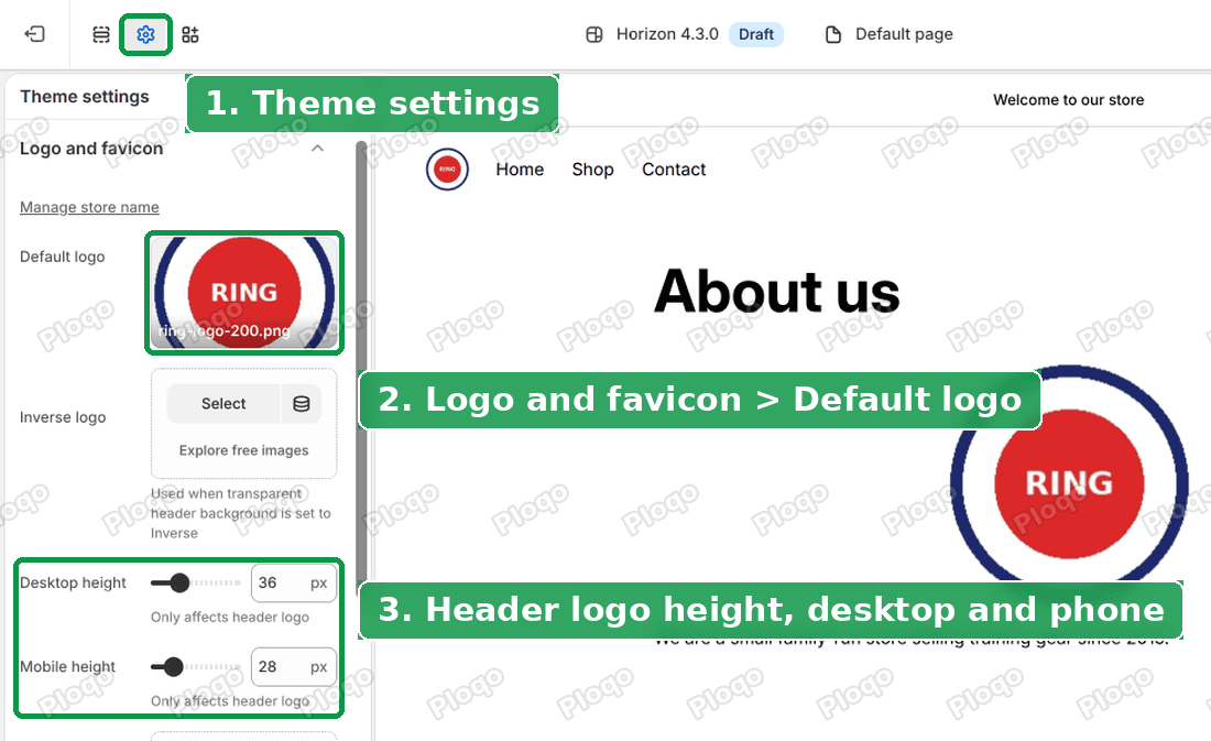 Theme settings in Horizon, with Logo and favicon open and the Desktop height and Mobile height sliders