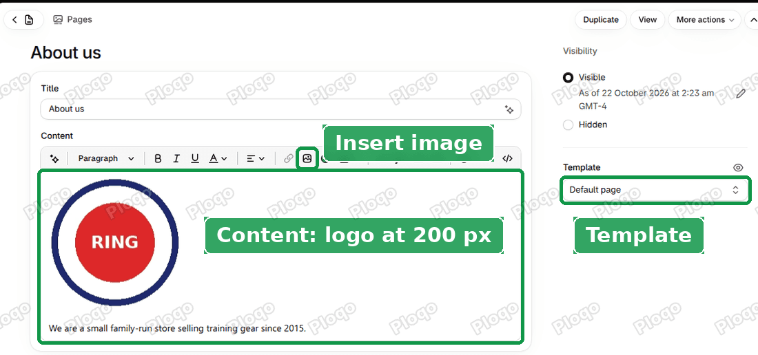 The About us page in the Shopify admin page editor, with the Insert image button, the logo in the Content box and the Template setting