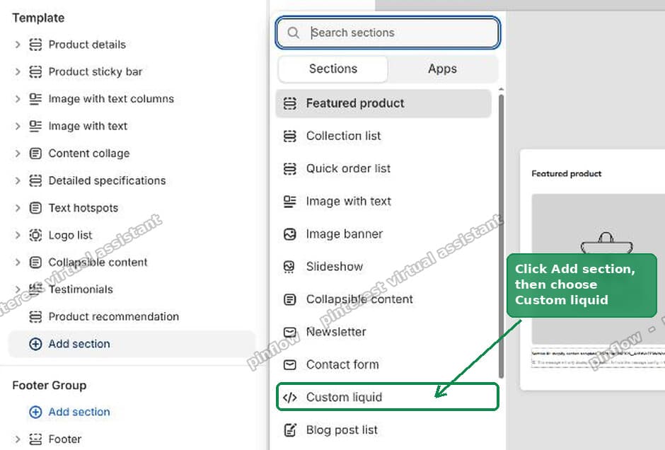 Adding a Custom Liquid section to a Shopify product template in the theme editor
