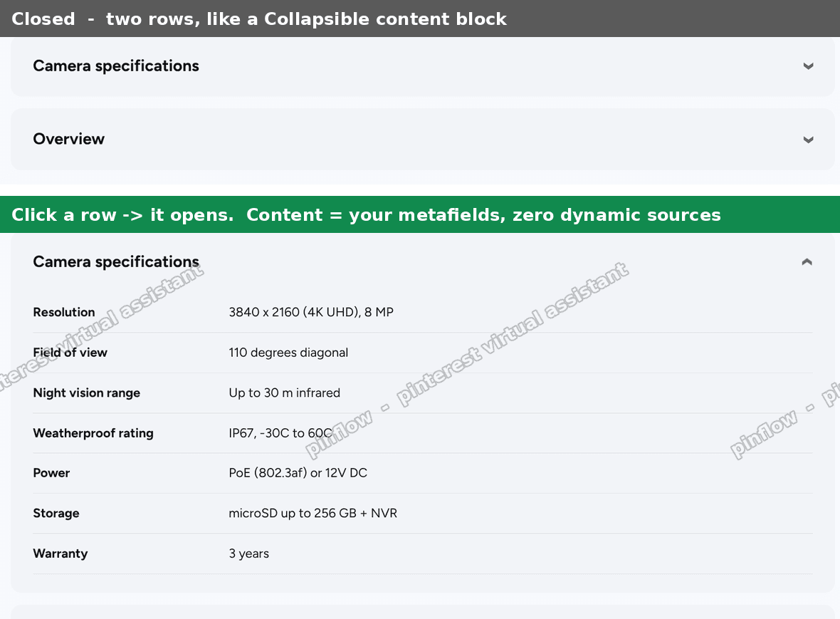 A native details accordion on a Shopify product page built entirely from metafields