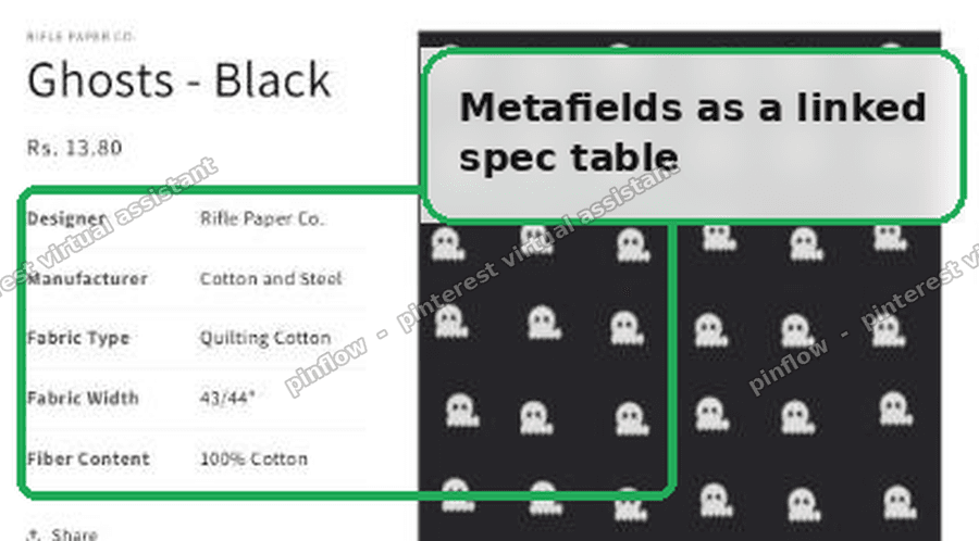 Product metafields shown as a linked specifications table on a Shopify product page